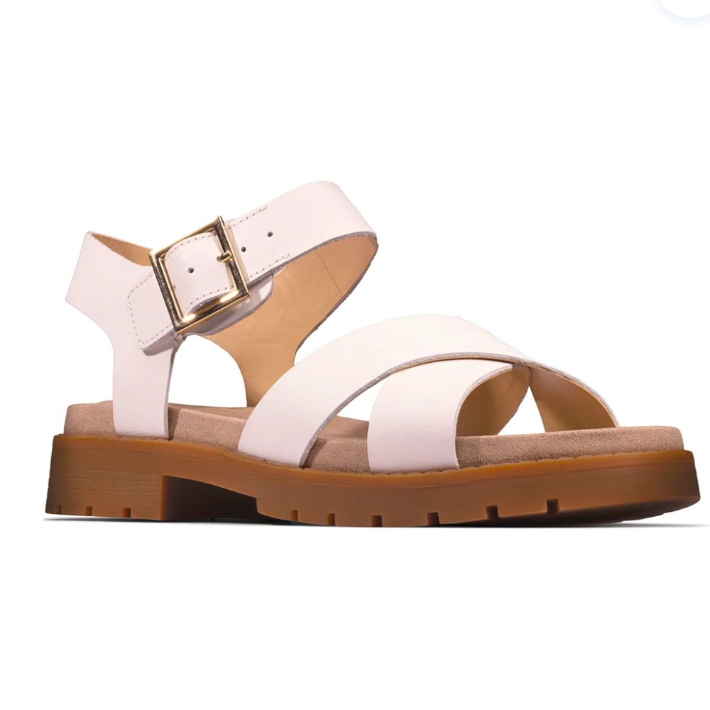 Clarks ORINOCO Cross STRAP sandal shoe WHITE LEATHER size 9M lug sole block heel